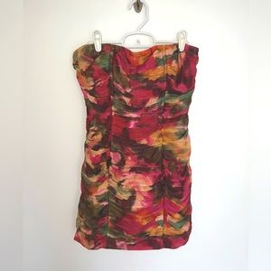 Floral, ruched, stretchy fitted mini strapless dress